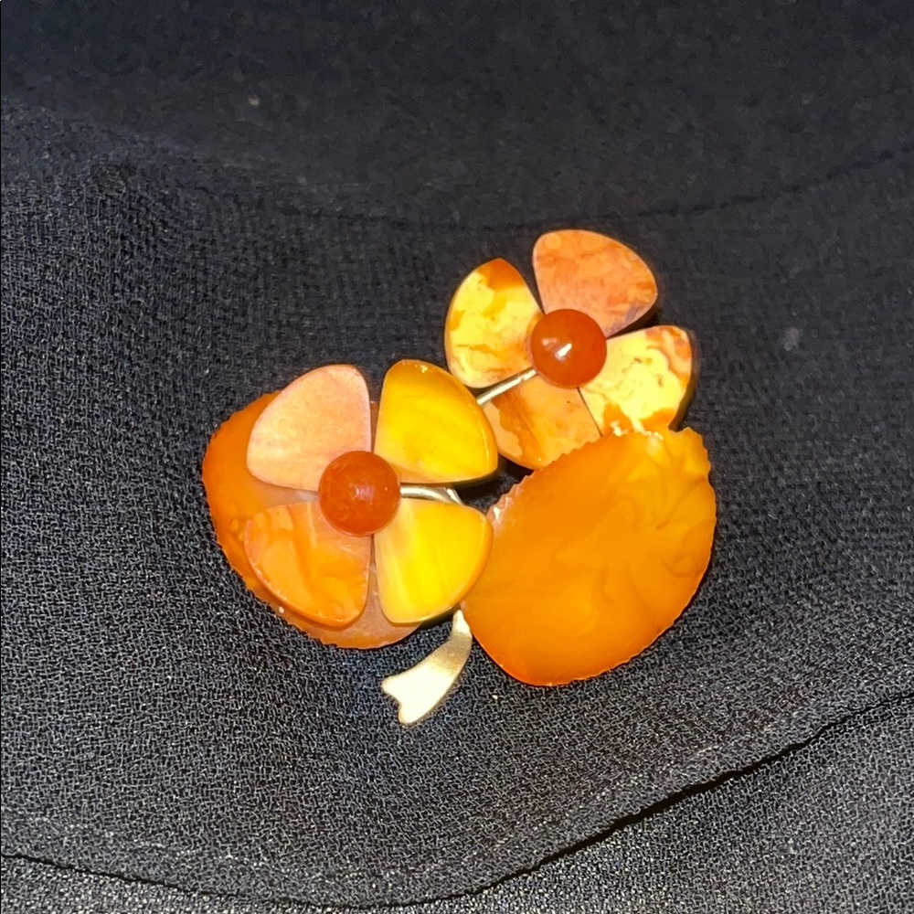 Vintage Lithuanian Cloudy Amber Brass Flower and Leaf Brooch